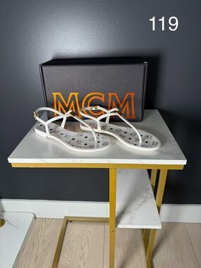 MCM White Logo Jelly T-Strap Sandals with Gold Buckle